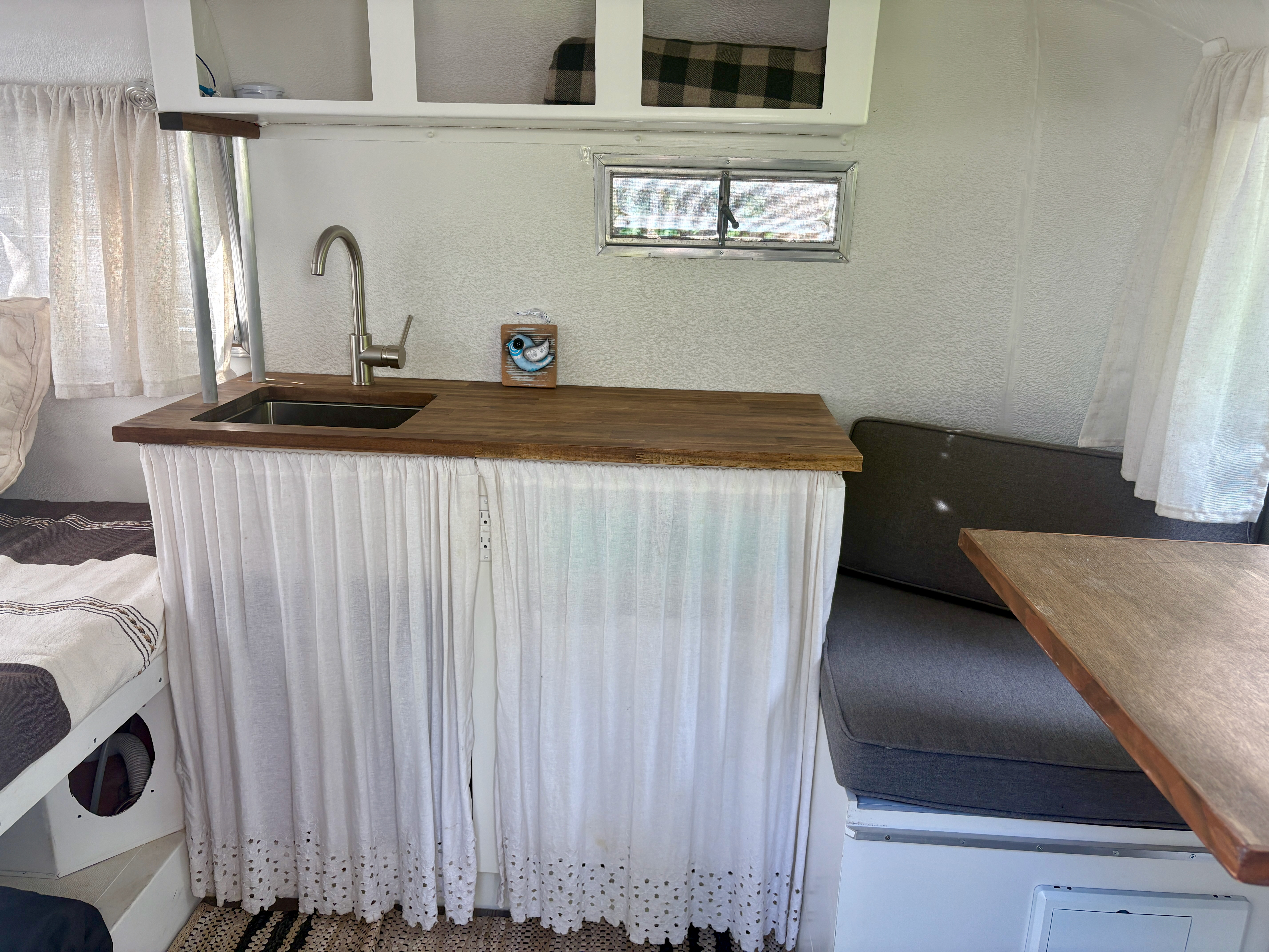 Kitchenette area inside the Boler trailer.